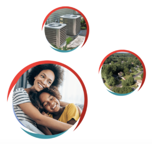 Three circular images show: two outdoor HVAC units, an aerial view of a suburban neighborhood, and a woman and child smiling and embracing indoors.