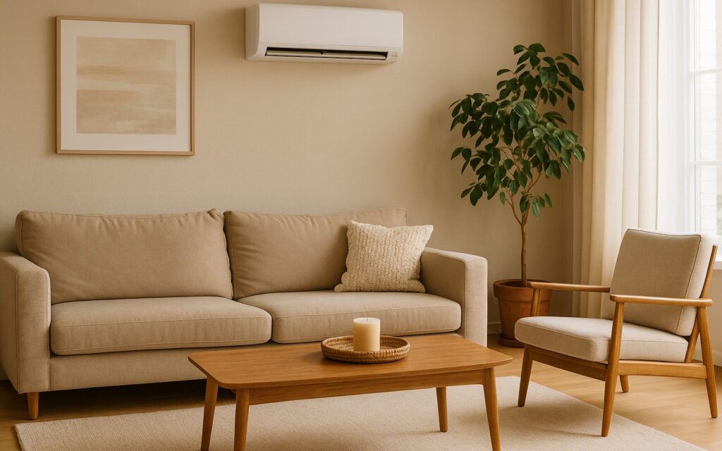 Minimalist living room in Greene County with a beige sofa, wooden coffee table, armchair, potted plant, wall art, and air conditioner on a light-colored wall. Natural light enters from the right.