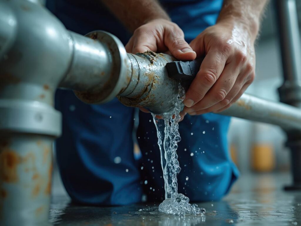 A person’s hands attempt to stop water leaking from a metal pipe indoors in Scottsboro, GA, with water flowing onto the floor.