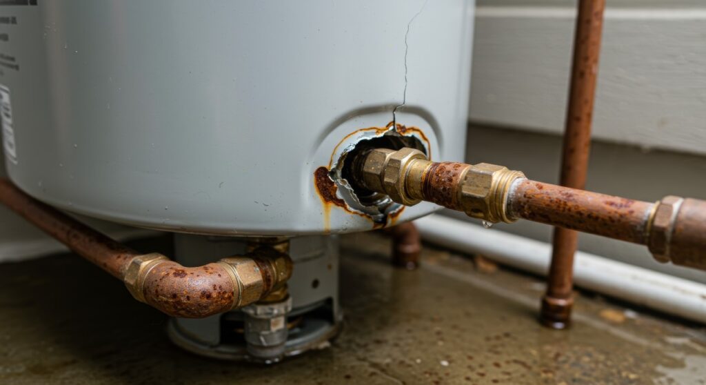 Close-up of a water heater in Jones County, GA, showing corroded pipes and a large rusted hole at the connection, leaking water onto the floor.