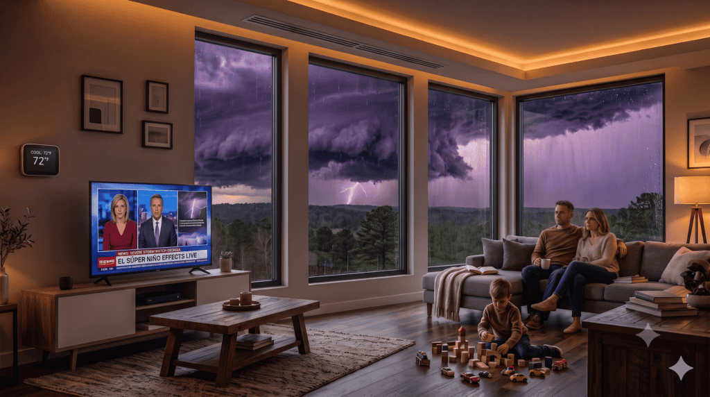 A family sits in a modern living room watching TV while a child plays on the floor; lightning and storm clouds are visible through large windows.