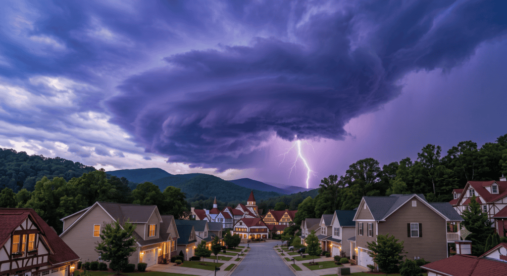 %Focuskw% | Air Conditioning Specialists A dramatic thunderstorm with swirling dark clouds and a lightning bolt over a suburban neighborhood with houses and distant mountains.