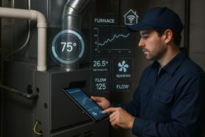 A technician in work clothes uses a tablet to monitor a furnace, with digital graphs and temperature data displayed as holograms beside him in an industrial setting. Common thermostat problems