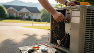 A person repairs an outdoor air conditioning unit on a driveway, with tools and wires visible, and a suburban house in the background. Furnace Repair