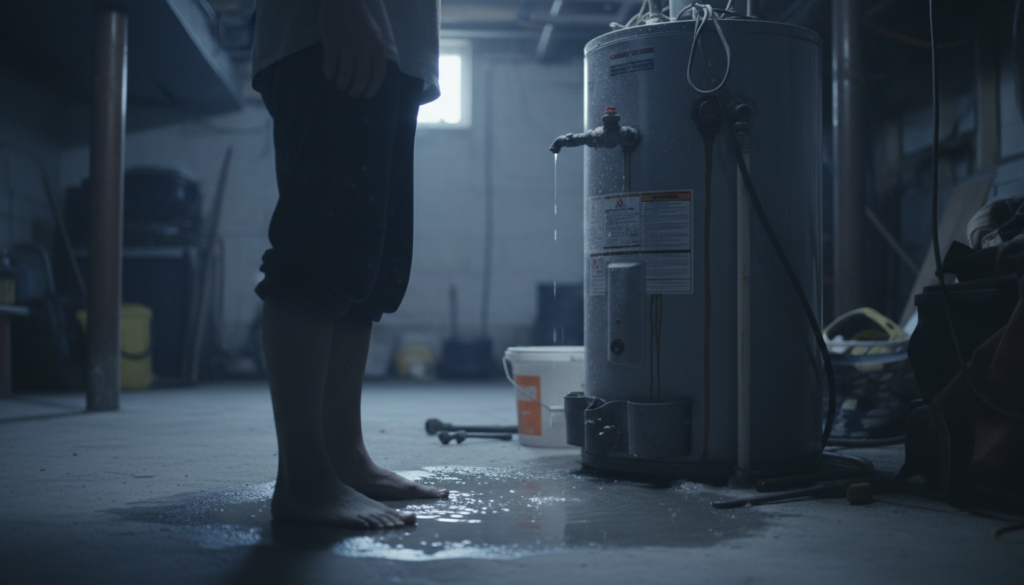 A person stands barefoot near a leaking water heater in a dimly lit basement, with water pooling on the concrete floor. Emergency Water Heater Repair