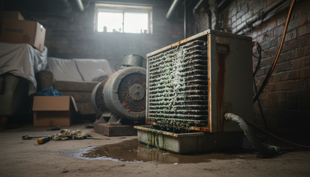 A rusty, leaking air conditioning unit sits on a damp basement floor next to an old fan, surrounded by boxes and tools under a small window. High Humidity Central Georgia