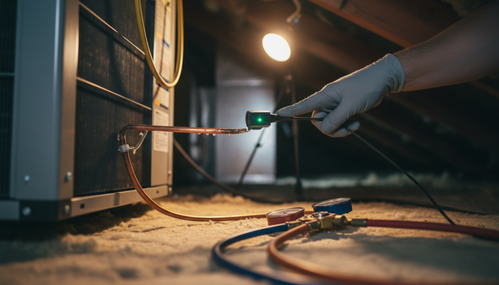 A person wearing gloves checks HVAC refrigerant lines and pressure gauges with a tool in a dimly lit attic. freon leaks