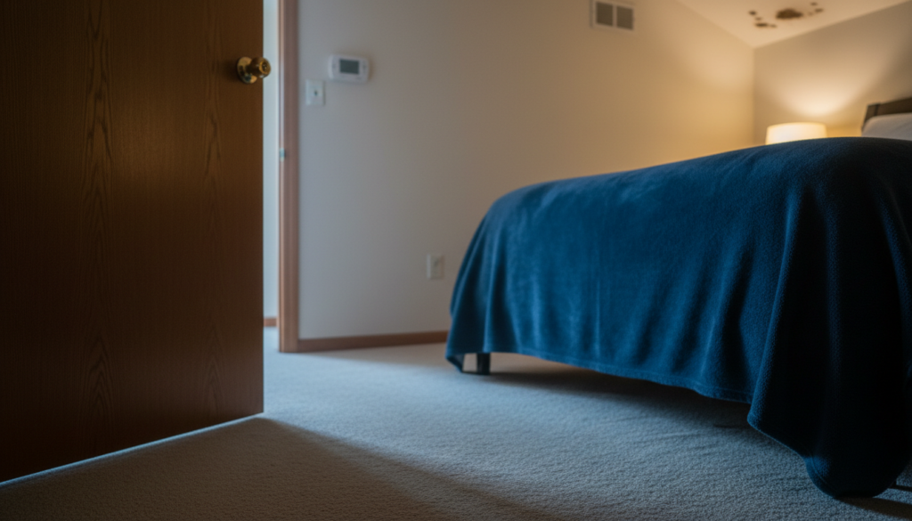 A bedroom with a blue blanket on the bed, beige carpet, a partially open wooden door, and soft lamp lighting in the background. Closing Bedroom Doors And HVAC Airflow