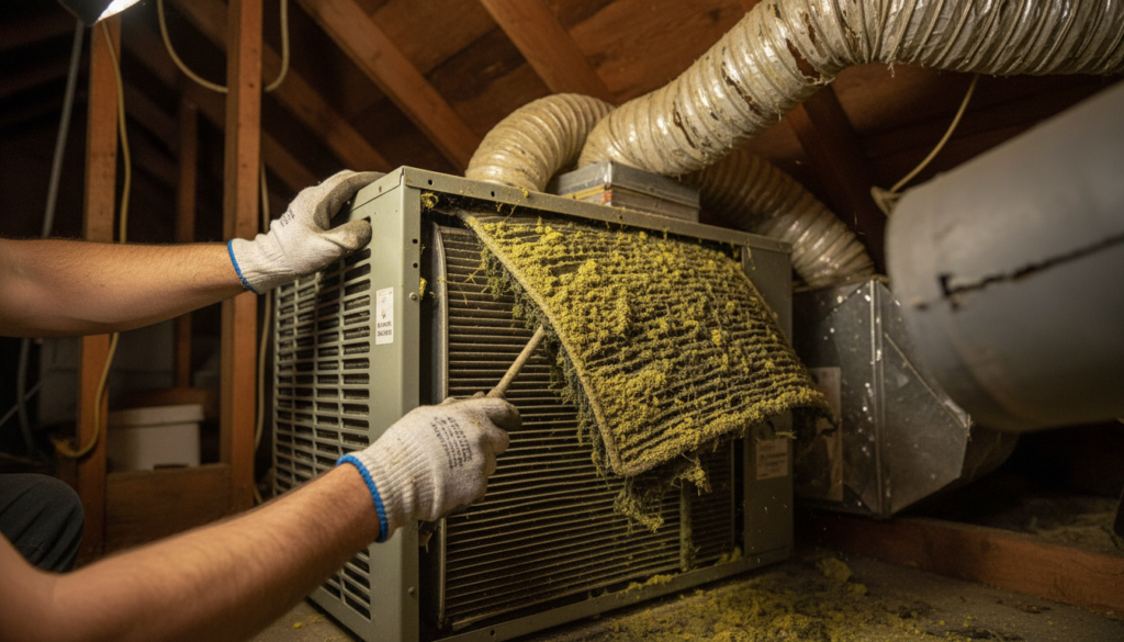 Person wearing gloves removes a dirty air filter from an HVAC unit in an attic, with insulation and ducts visible around the equipment. ACS Heating and Air