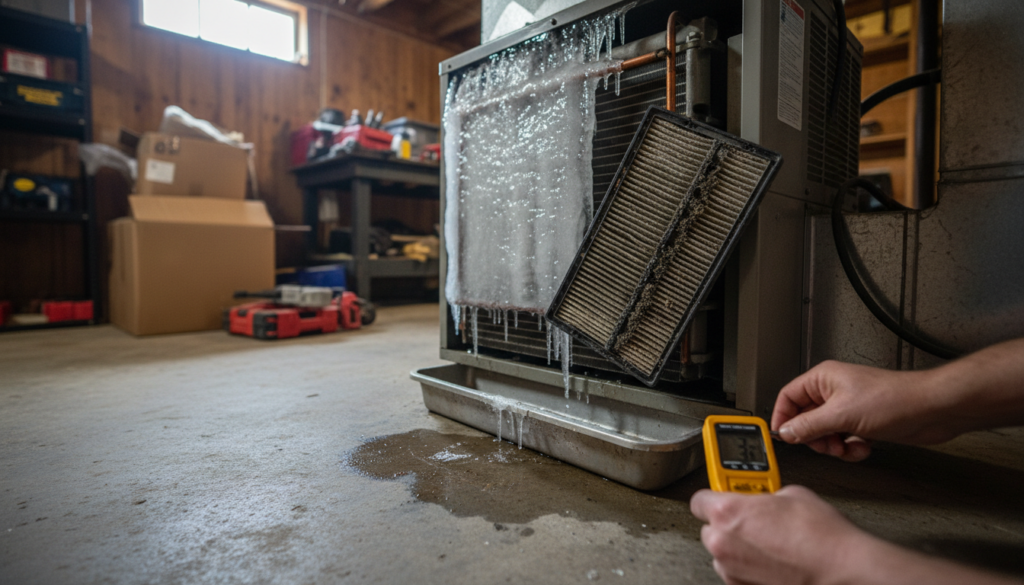 A person uses a digital thermometer to check a frozen air conditioner evaporator coil with a dirty filter in a garage. ACS Covington GA