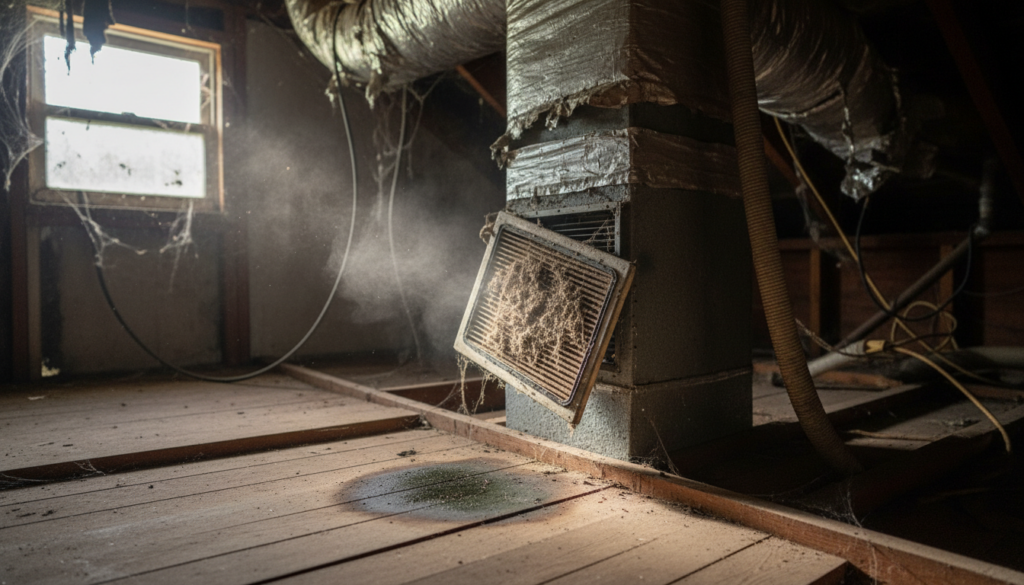 Dusty air vent with a loose, dirty filter in an attic, with sunlight streaming through a window and dust particles visible in the air. Indoor Air Quality Solutions