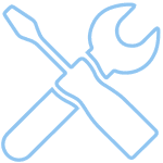 Outline of a screwdriver and a wrench crossing each other, depicted in light blue on a light background.