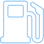 Outline icon of a fuel pump with a hose and nozzle, depicted in light blue on a plain background.
