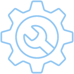 A light blue outline of a gear with a wrench inside it, symbolizing settings, configuration, or technical tools on a white background.