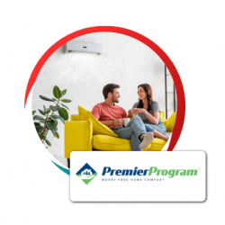 A man and woman sit on a yellow couch talking, with an air conditioner on the wall. Premier Program logo is shown in the foreground.